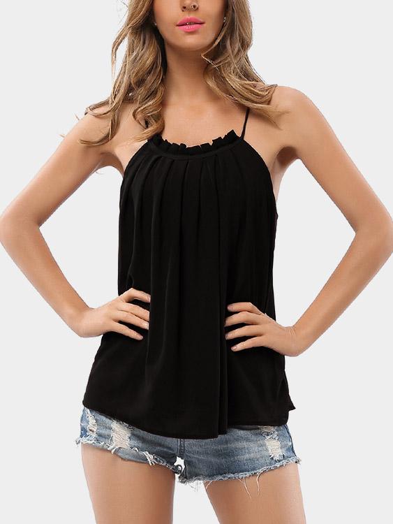 Scoop Neck Plain Sleeveless Ruffle Hem Camis