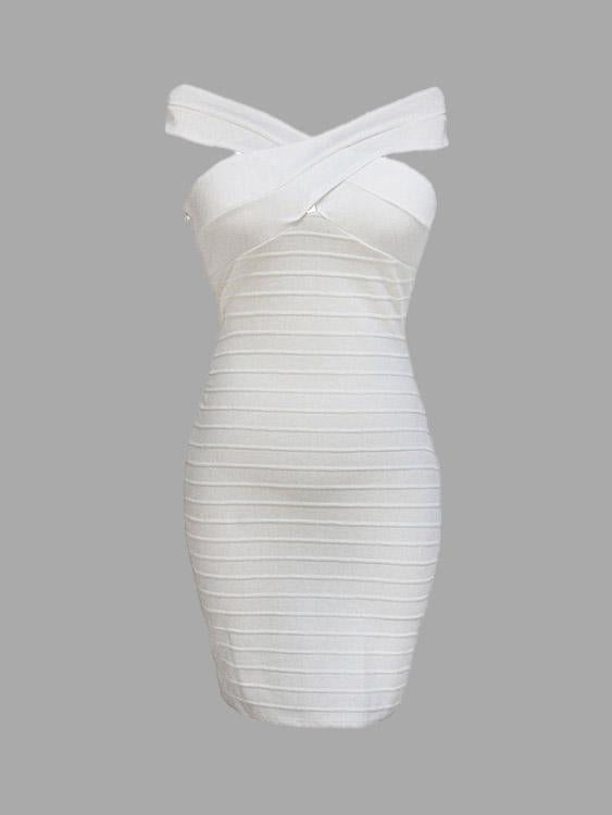 White Square Neck Off The Shoulder Sleeveless Plain Bodycon Midi Dress