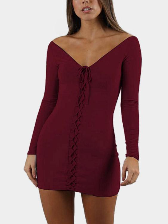 V-Neck Backless Lace-Up Long Sleeve Bodycon Hem Burgundy Dress