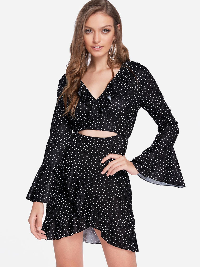 Black V-Neck Long Sleeve Polka Dot Wrap Flounced Hem Dresses