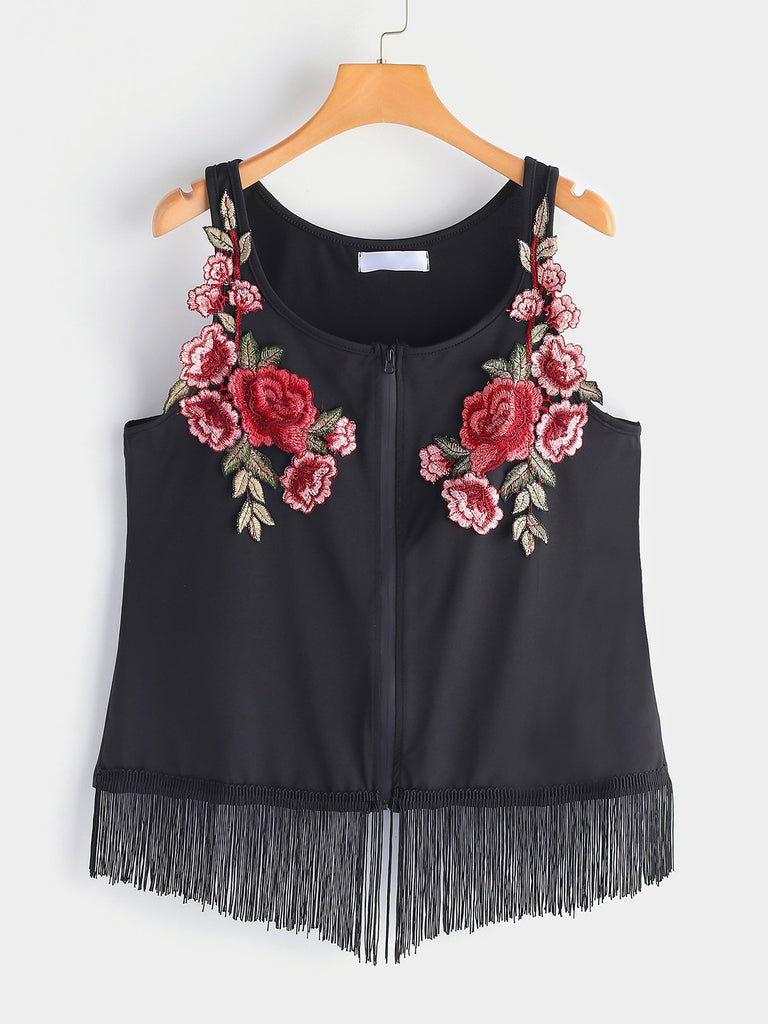 Round Neck Embroidered Sleeveless Tassel Hem Black Plus Size Tops