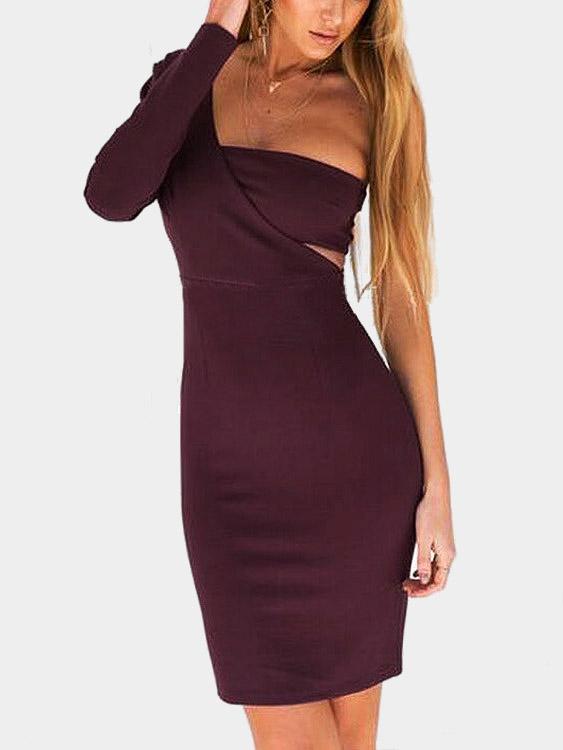 Burgundy Asymmetrical One Shoulder Long Sleeve Cut Out Bodycon Hem Sexy Dresses