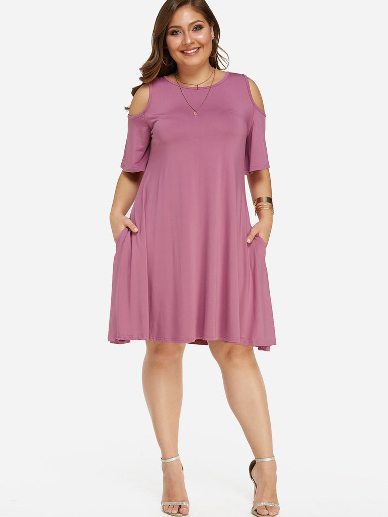 Round Neck Cold Shoulder Plain Half Sleeve Plus Size Dresses