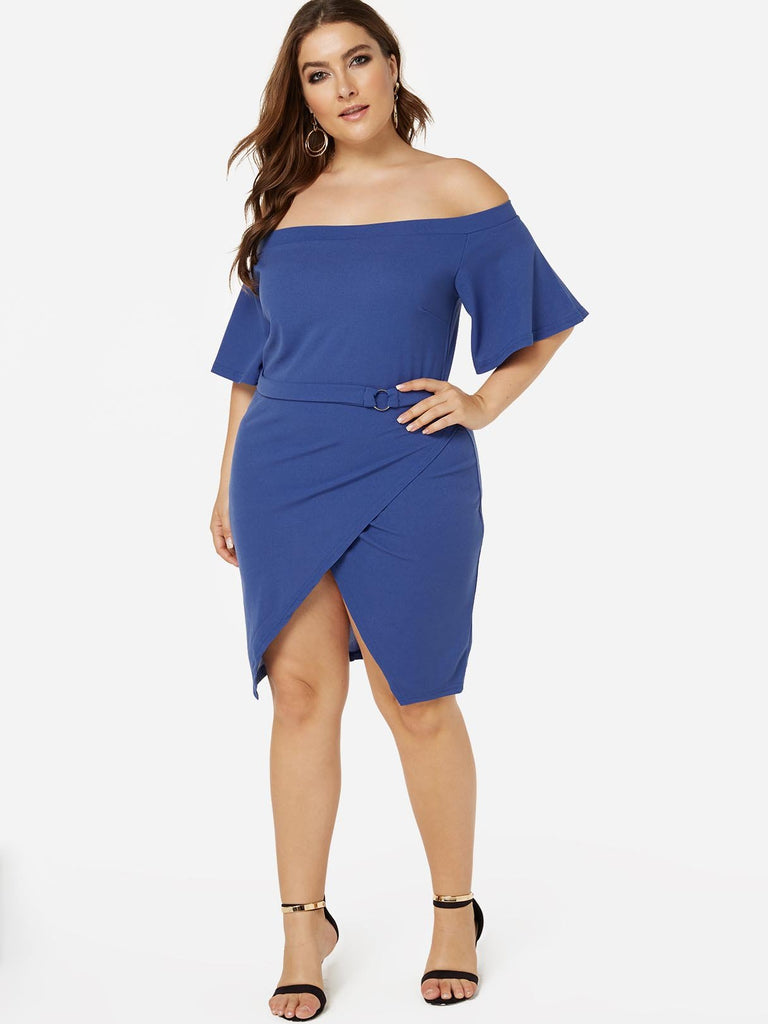 Off The Shoulder Plain Backless Pleated Belt Half Sleeve Slit Hem Blue Plus Size Dresses