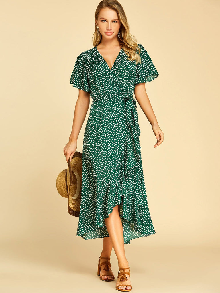 Deep V Neck Short Sleeve Self-Tie Wrap Flounced Hem Dresses