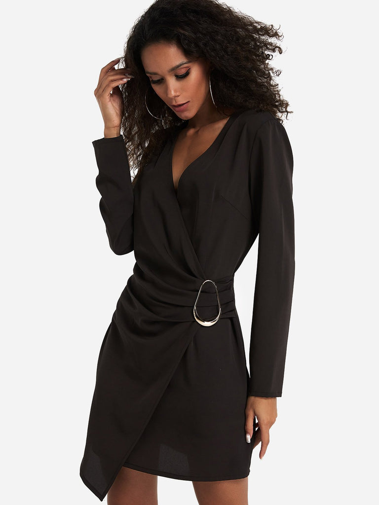 Black V-Neck Crossed Collar Long Sleeve Plain Crossed Front Wrap Irregular Hem Sexy Dress