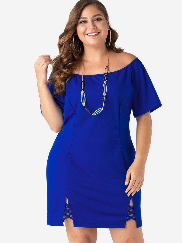 Off The Shoulder Plain Criss-Cross Half Sleeve Plus Size Dresses