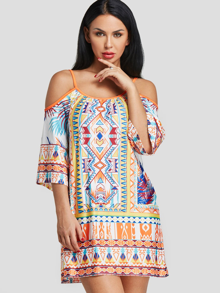 Cold Shoulder Half Sleeve Tribal Print Spaghetti Strap Casual Dresses