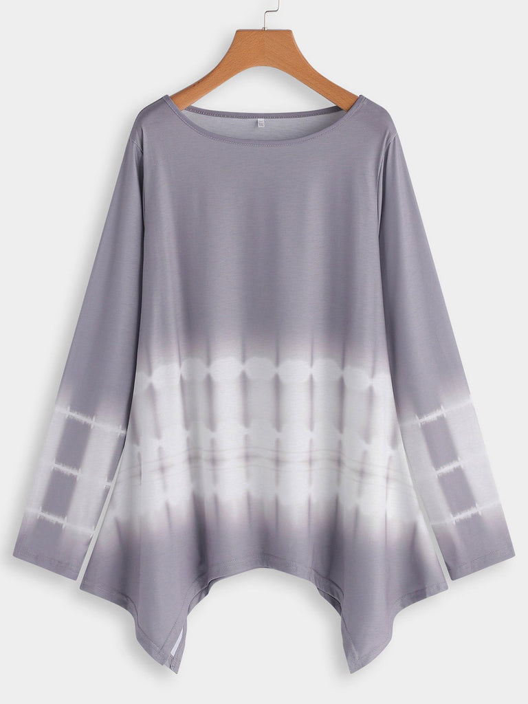 Round Neck Long Sleeve Handkerchief Hem Grey Plus Size Tops