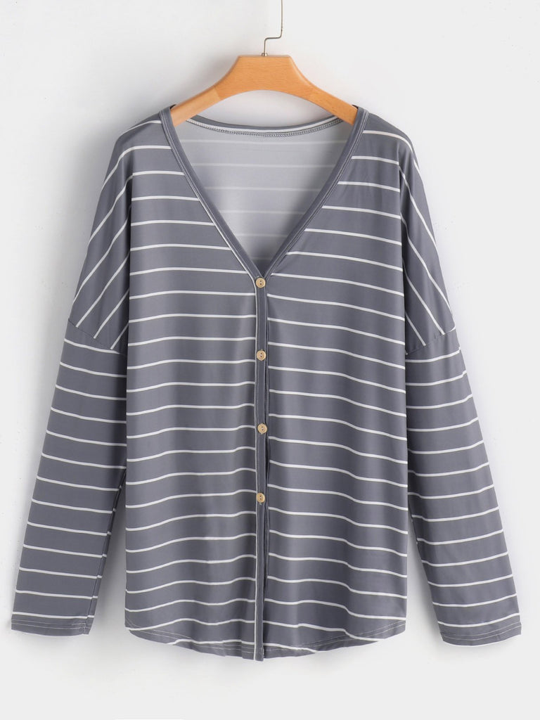 Stripe V-Neck Long Sleeves Button Design T-Shirt