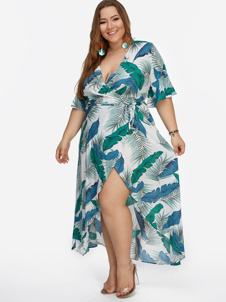 Floral Print Half Sleeve Slit Hem Green Plus Size Dresses