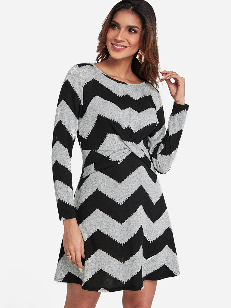 Round Neck Long Sleeve Stripe Twist Mini Dress