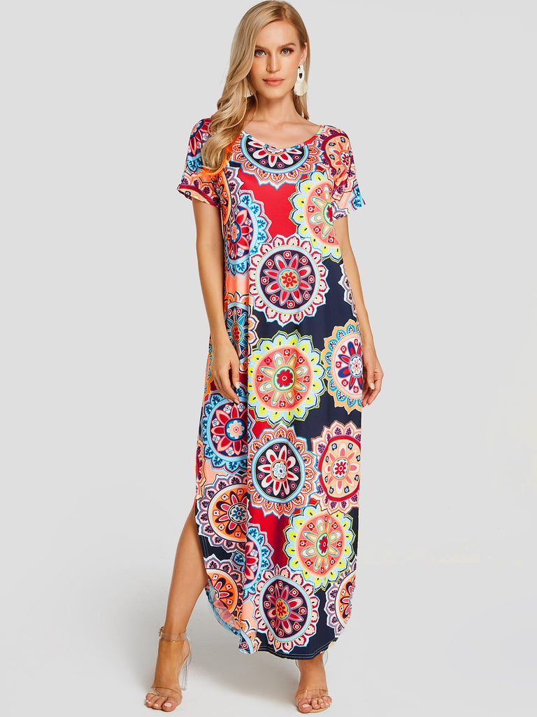 Navy Round Neck Short Sleeve Floral Print Backless Slit Hem Casual Dress