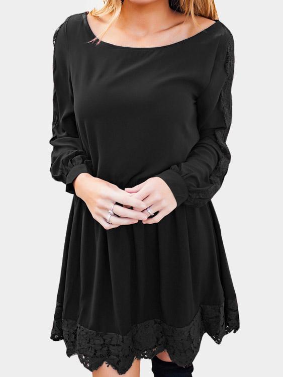 Round Neck Lace Long Sleeve Irregular Hem Black Casual Dresses