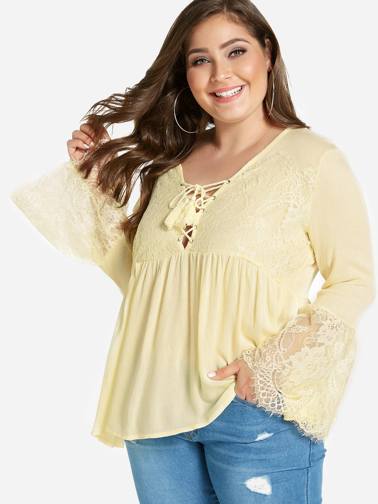 V-Neck Lace Long Sleeve Beige Plus Size Tops