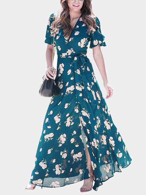 Green V-Neck Short Sleeve Floral Print Slit Hem Maxi Dresses