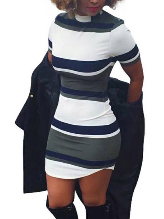 Round Neck Short Sleeve Stripe Curved Hem Mini Dress