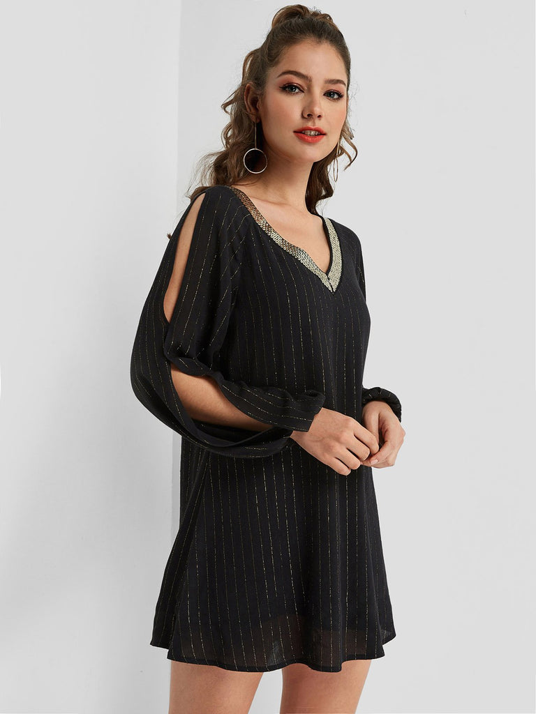 Black V-Neck Long Sleeve Stripe Cut Out Dresses