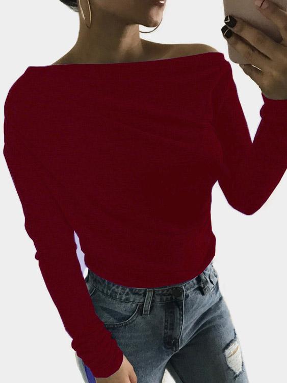 Scoop Neck Plain Long Sleeve Irregular Hem Burgundy T-Shirts