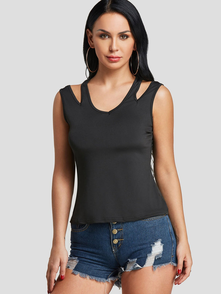 Cut Out Sleeveless Round Neck Black Tank Top