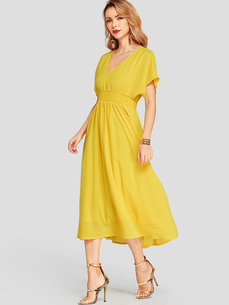 Ladies Yellow V-Neck Dresses