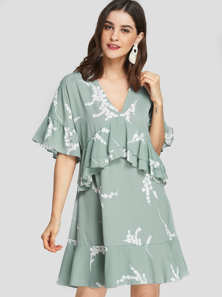 Pastel Green V-Neck Half Sleeve Printed Ruffle Hem Sexy Dress