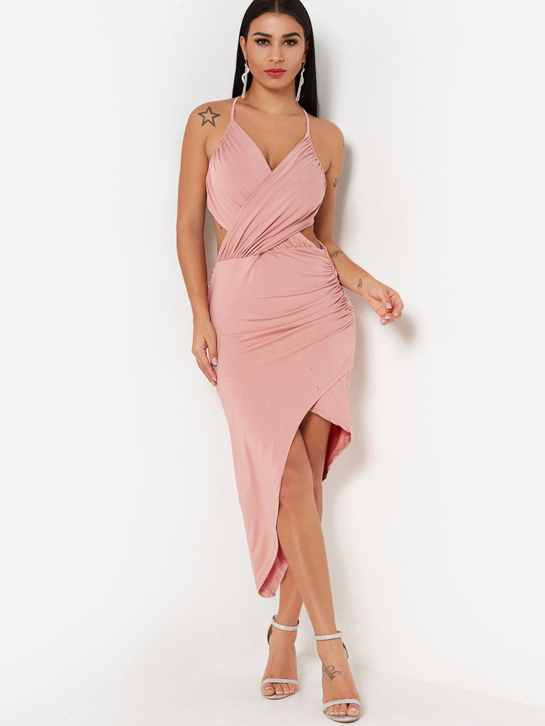 Pink V-Neck Sleeveless Backless Slit Wrap Dresses