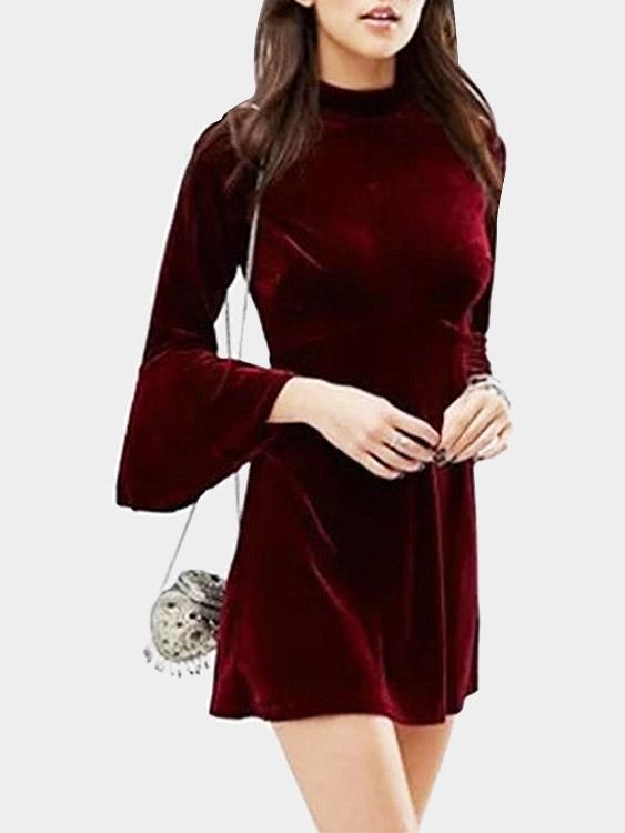 Burgundy Long Sleeve Plain Casual Dress