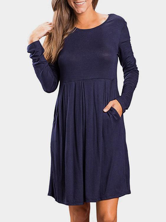 Navy Round Neck Long Sleeve Ruffle Hem Casual Dresses