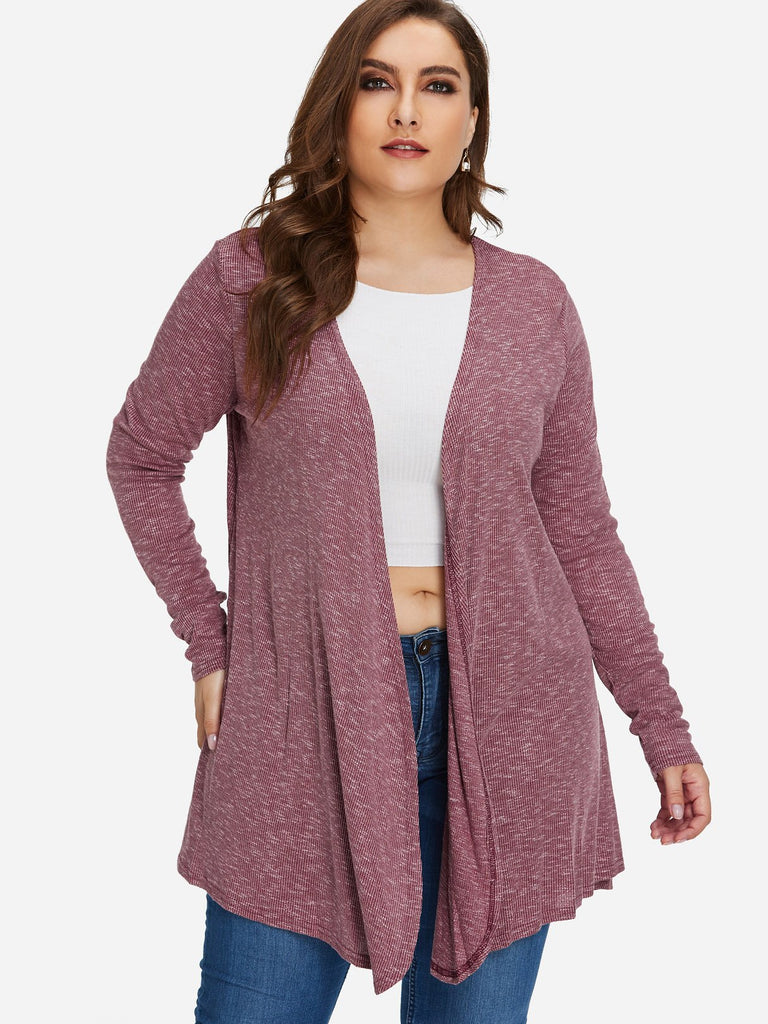 Plain Long Sleeve Pink Plus Size Tops