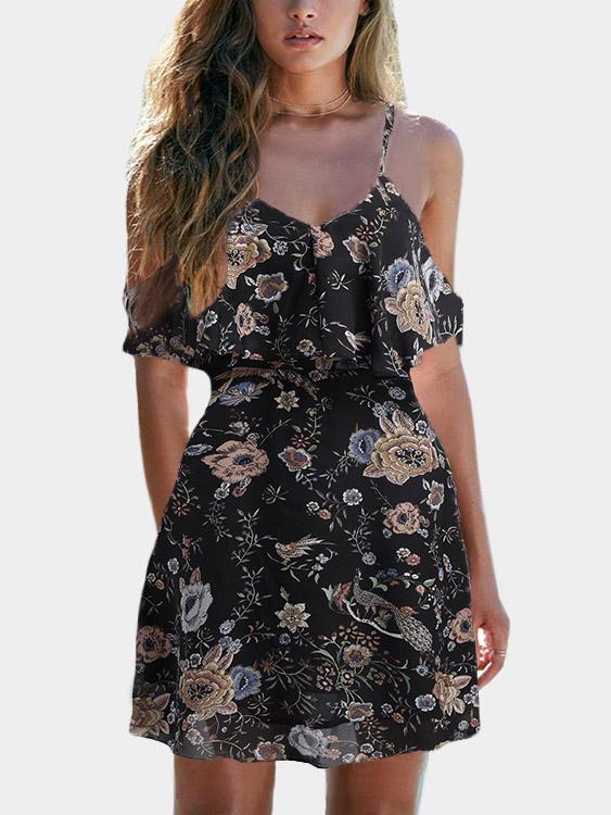 Cold Shoulder Floral Print Tiered Short Sleeve Black Dresses