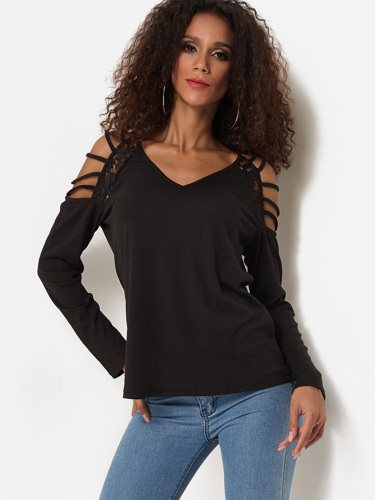 V-Neck Cold Shoulder Plain Lace Cut Out Long Sleeve Black Top