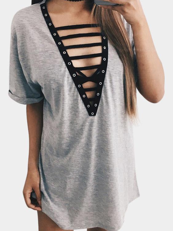 Deep V Neck Random Ripped Lace-Up Short Sleeve Grey Dress