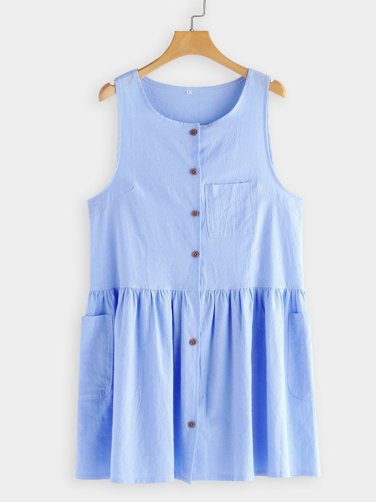 Blue Round Neck Sleeveless Plain Side Pockets Casual Dresses