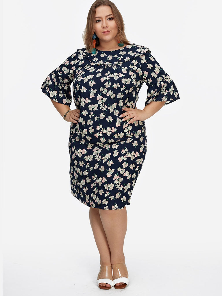 Round Neck Floral Print Calico Half Sleeve Navy Plus Size Dresses