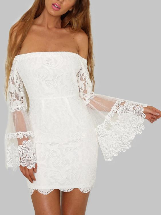 White Off The Shoulder Plain Lace Tiered Zip Back Dresses