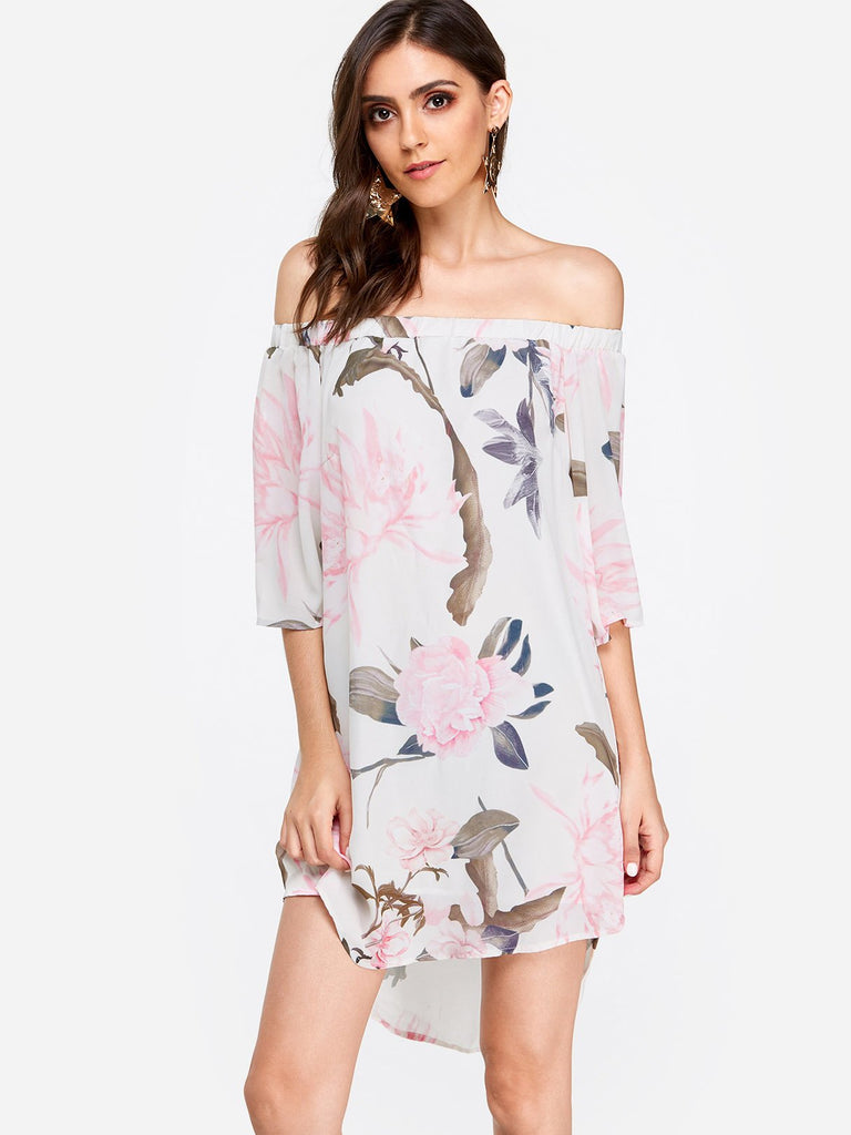 White Off Shoulder 3/4 Length Sleeve Floral Print Dresses