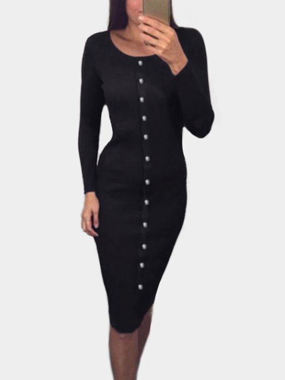 Round Neck Long Sleeve Plain Midi Dress