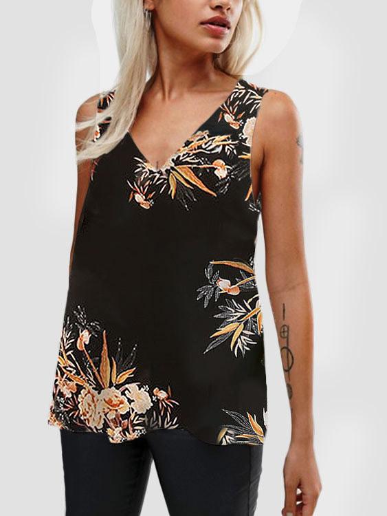 V-Neck Floral Print Sleeveless Black Cami