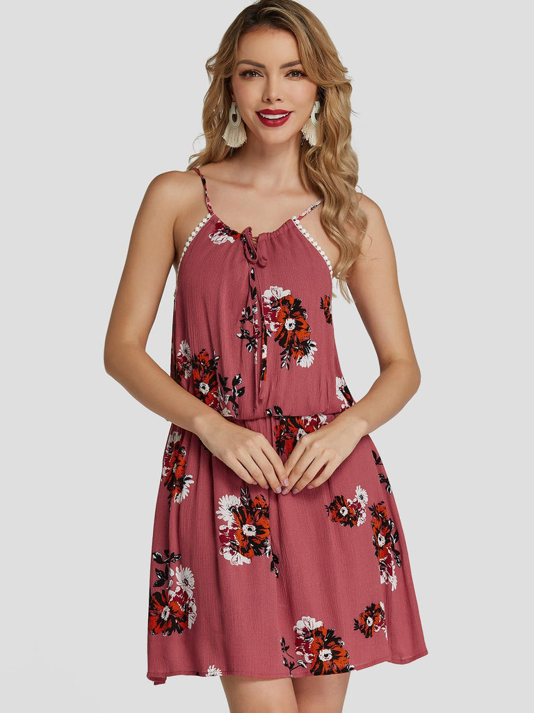 Red Round Neck Sleeveless Floral Print Spaghetti Strap Self-Tie Mini Dresses