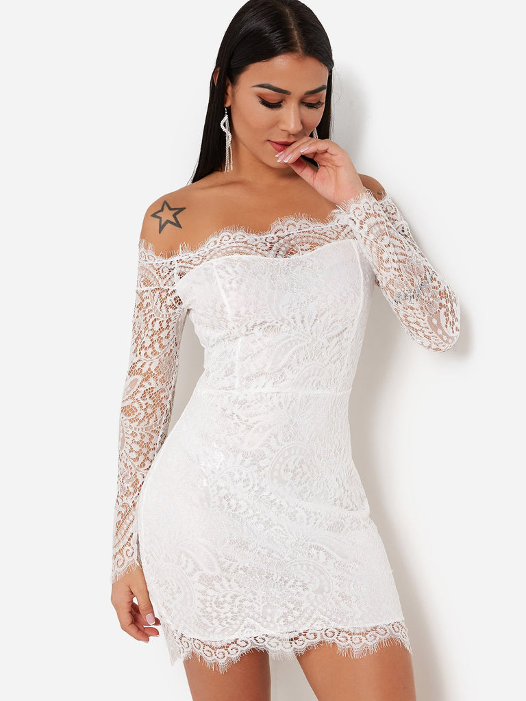 White Off The Shoulder Long Sleeve Sheer Lace Dresses