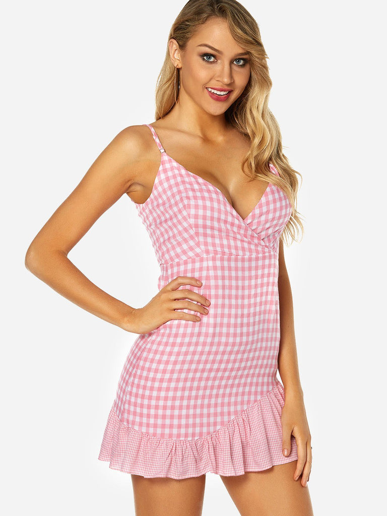 Pink V-Neck Sleeveless Grid Zip Back Backless Flounced Hem Mini Dresses