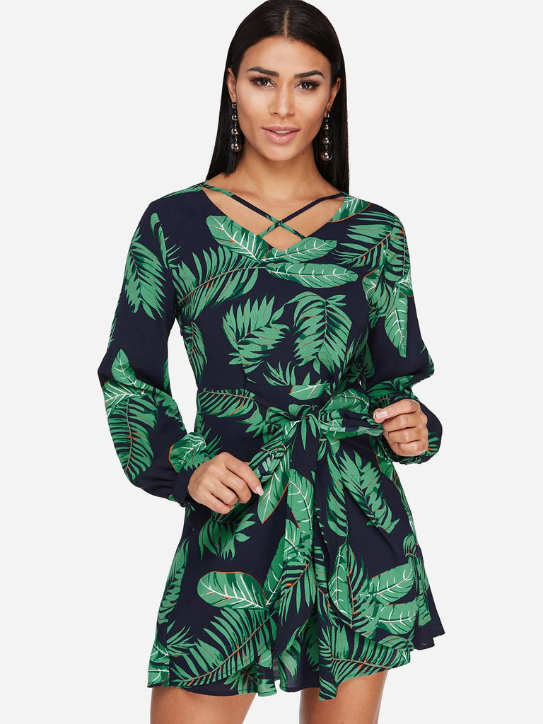 Navy V-Neck Long Sleeve Floral Print Self-Tie Criss-Cross Dresses