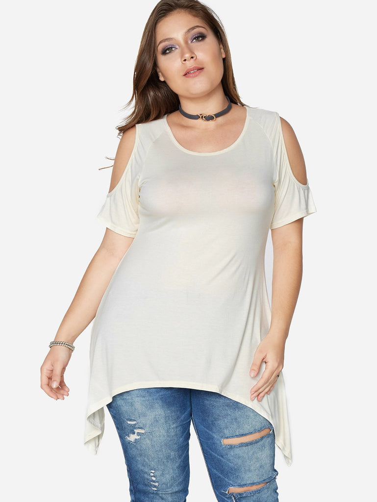 Round Neck Cold Shoulder Plain Short Sleeve Irregular Hem Plus Size Tops