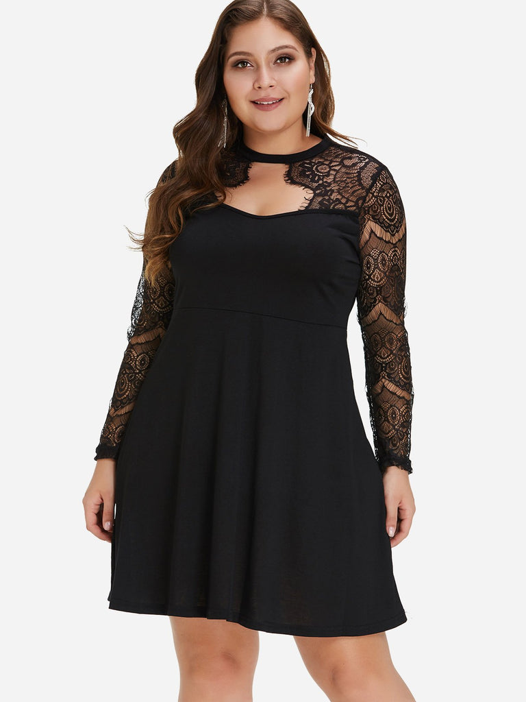 Round Neck Plain Lace Long Sleeve Flounced Hem Black Plus Size Dress