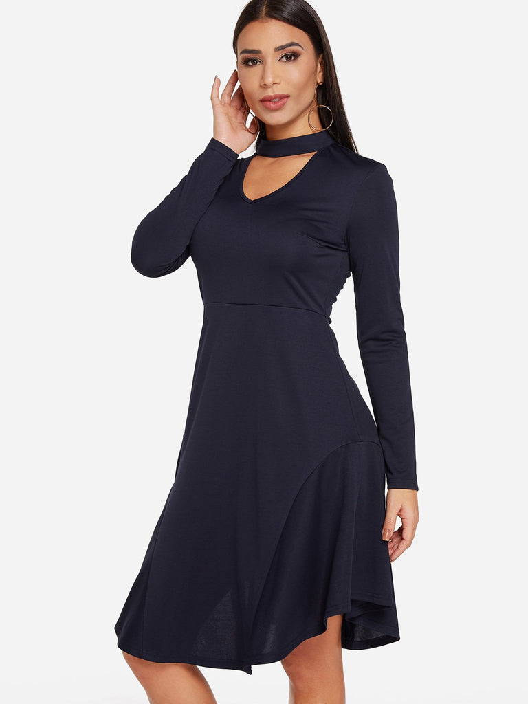 Navy Crew Neck Long Sleeve Cut Out Ruffle Hem Sexy Dresses