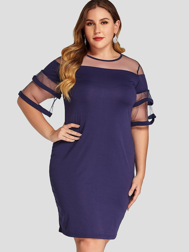 Round Neck Short Sleeve Dark Blue Plus Size Dress