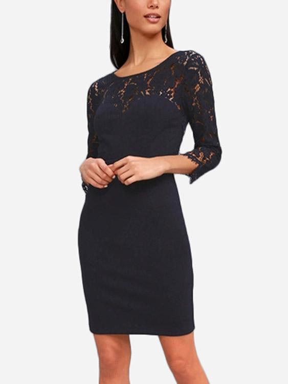 Navy Round Neck 3/4 Sleeve Length Plain Lace Backless Hollow Sexy Dresses