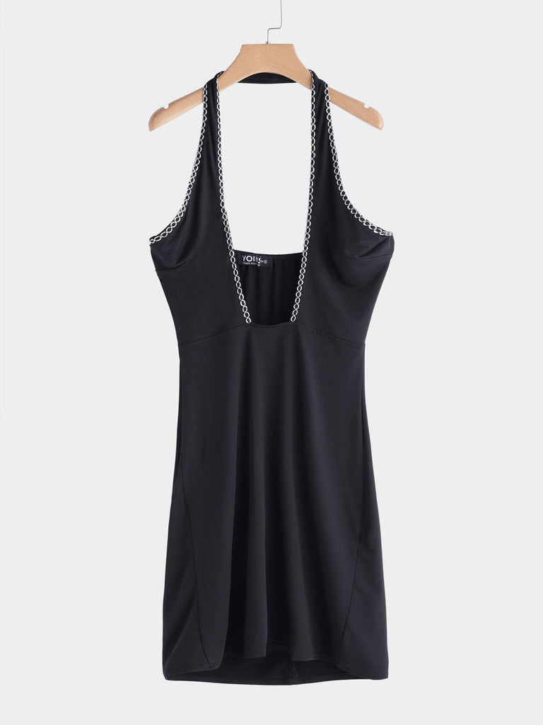 Black Halter Sleeveless Plain Crossed Front Backless Cut Out Sexy Dresses