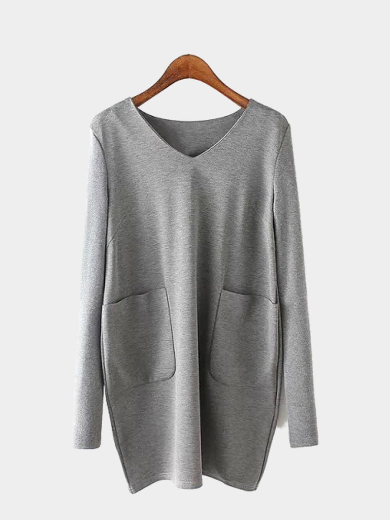 Gray V-Neck Long Sleeve Two Large Pockets Dresses